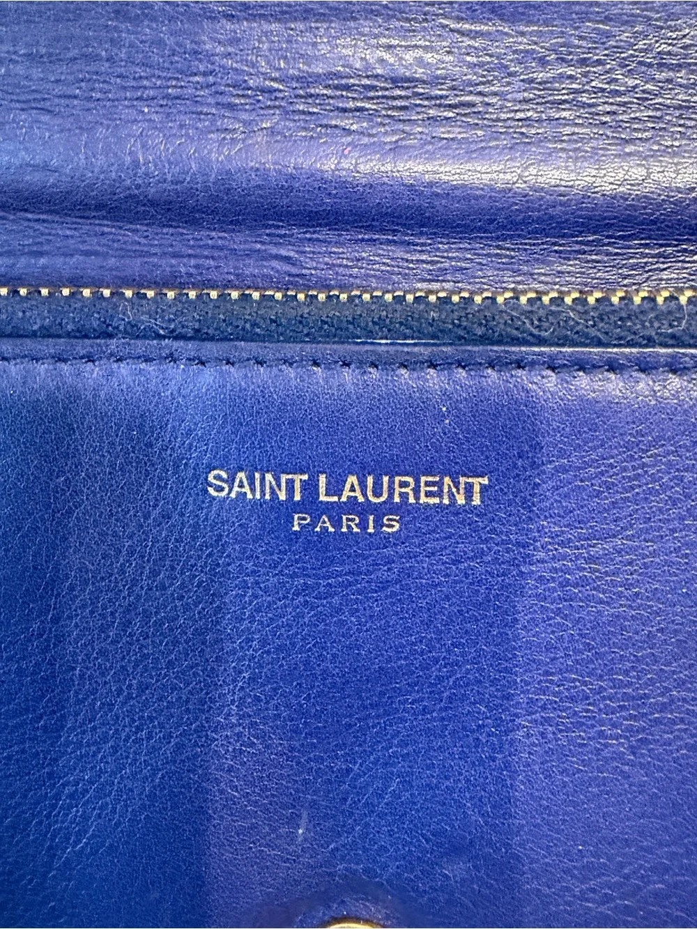 Authentic Saint Laurent YSL Blue Smooth Leather Cassandra Wallet Gold Hardware